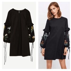 Zara Trafaluc black floral embroidered dress w/lantern ruffle sleeve,pull on.